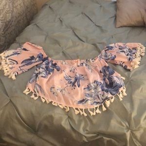 Off the shoulder floral tassel top